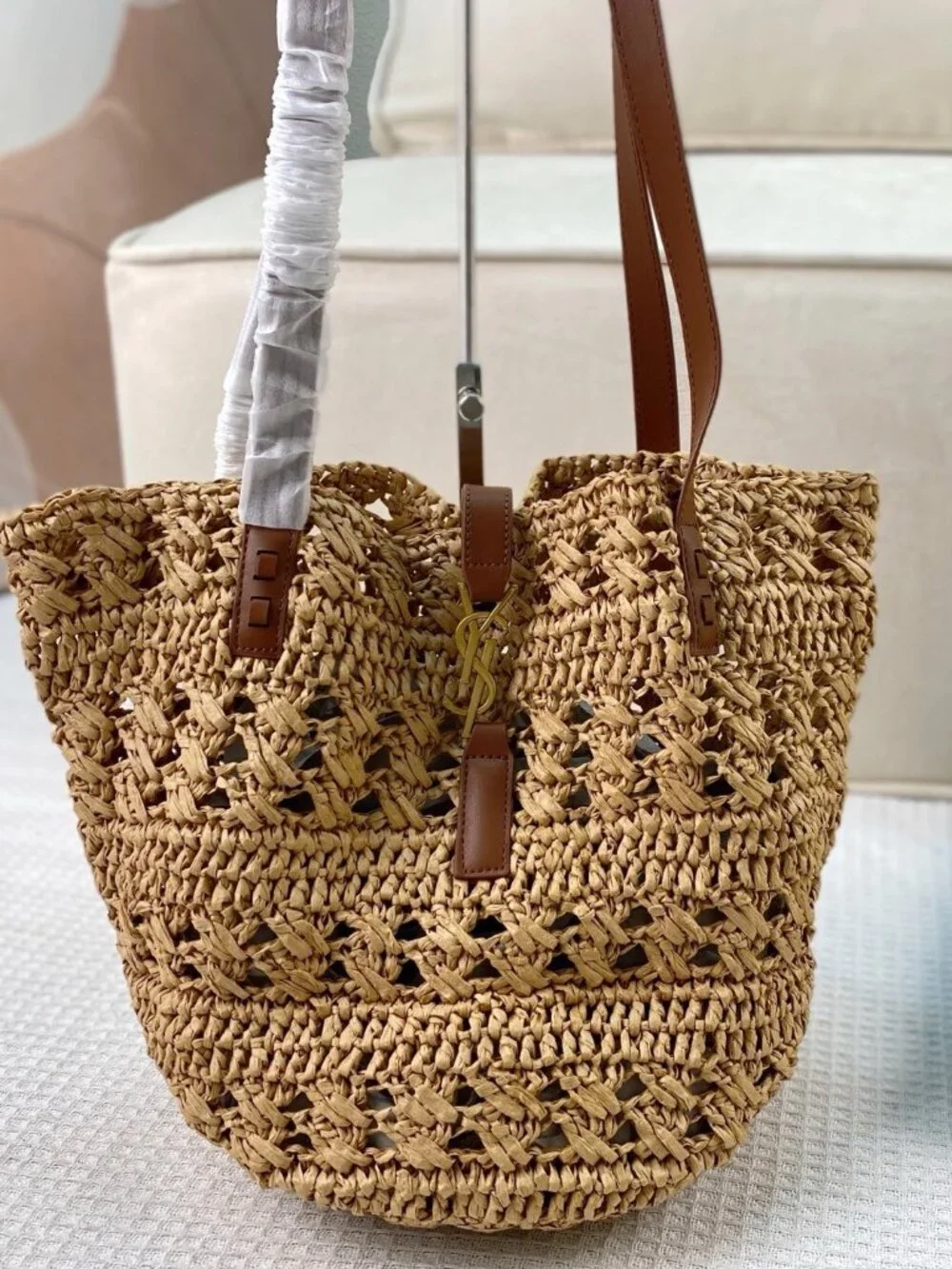 Saint Laurent Raffia Woven Bucket Tote Bag Natural Straw Leather